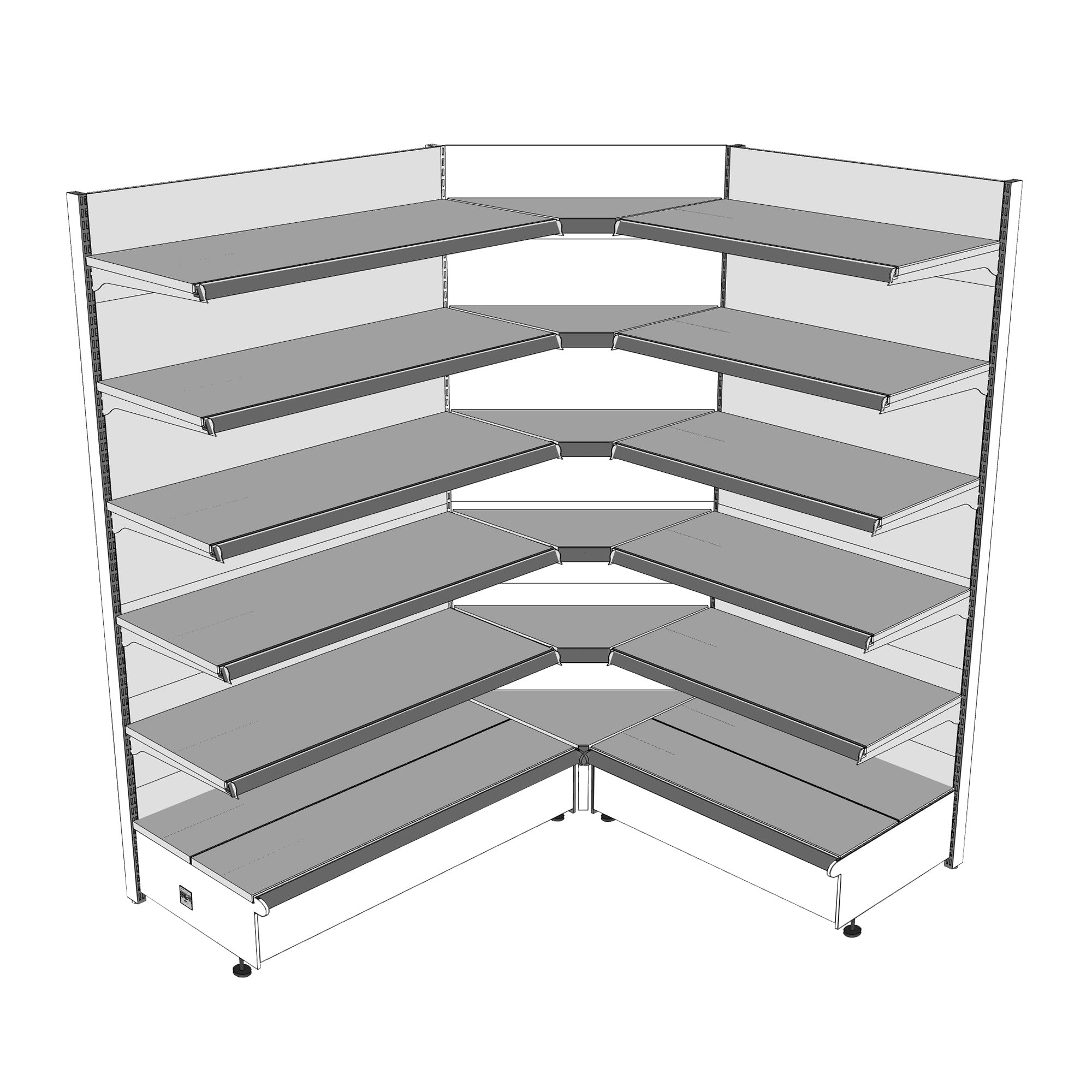 merchandising display six tiers gondola inside corner shelving