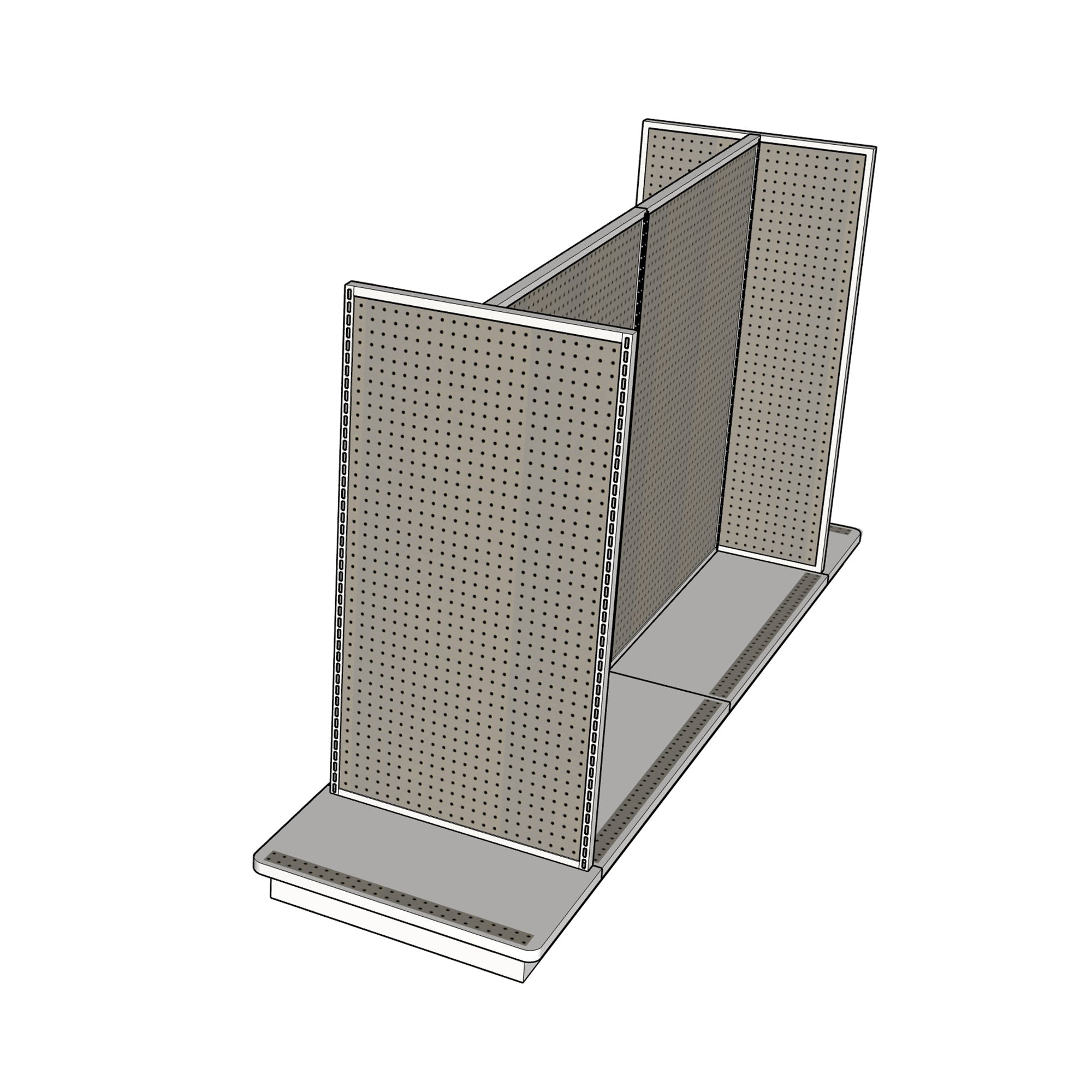 pegboard island gondola shelving unit with 2 end caps