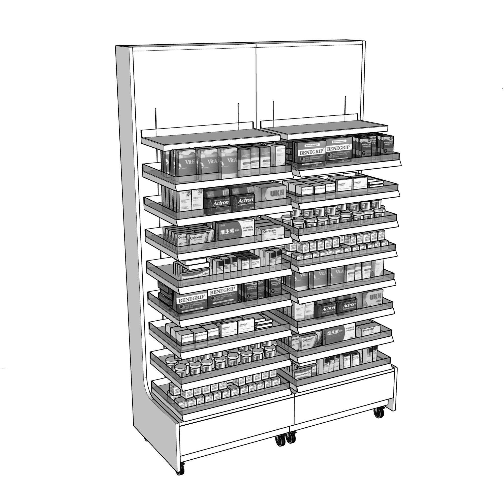 Pharmacy Display Rack with Adjustable Shelves and Wheels
