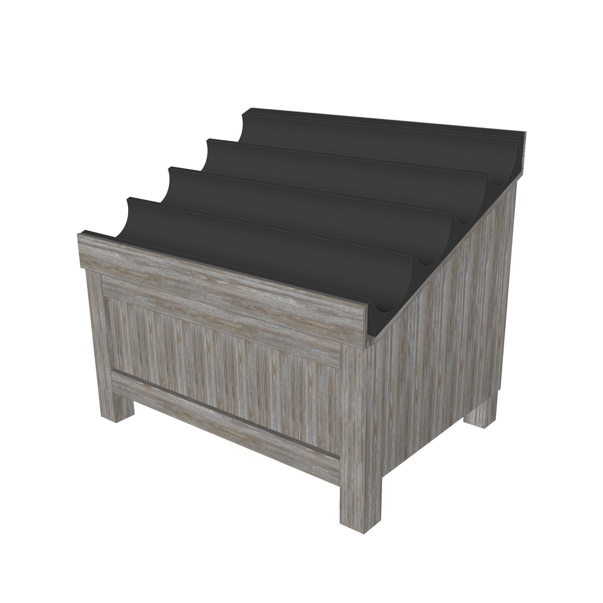 produce display table with four step plastic shelf risers