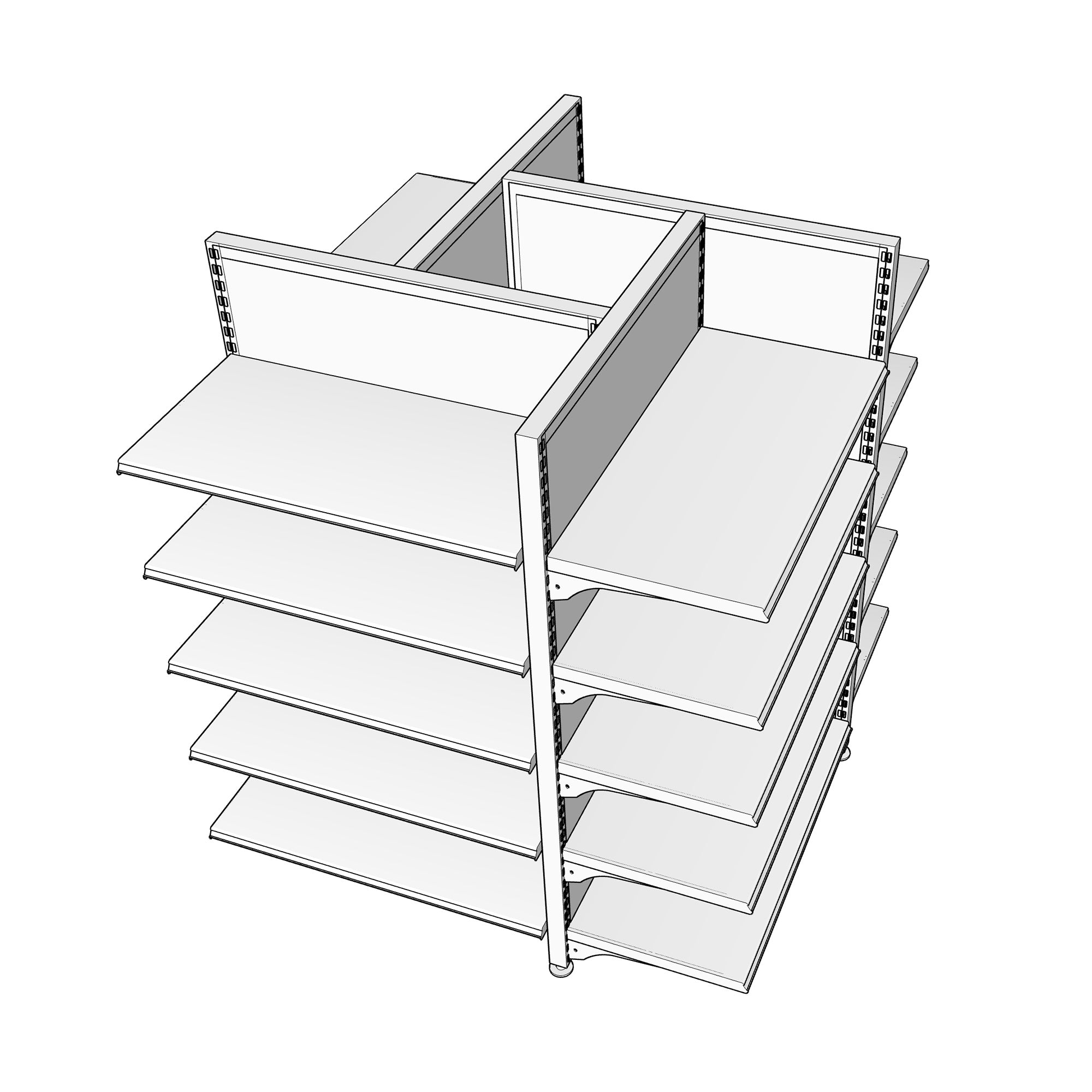 retail fixture 4 way gondola unit with removable shelves