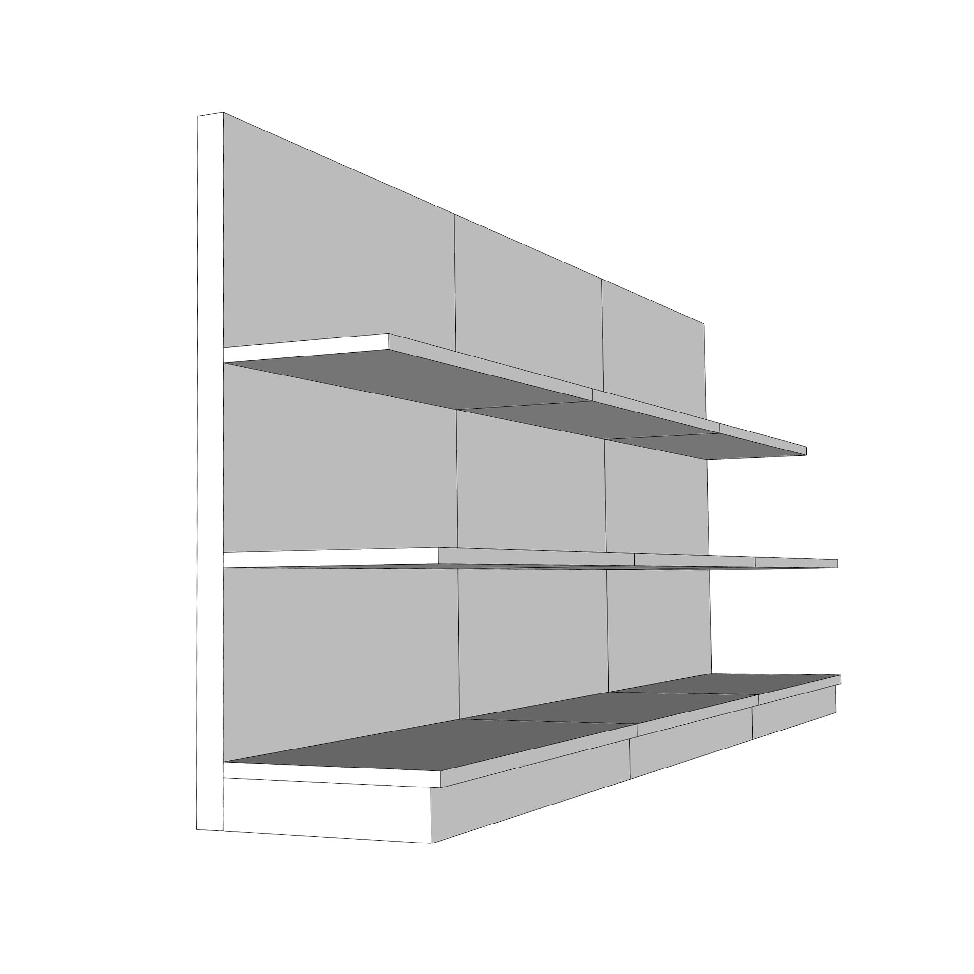 single sided gondola wall shelving with 9 shelves