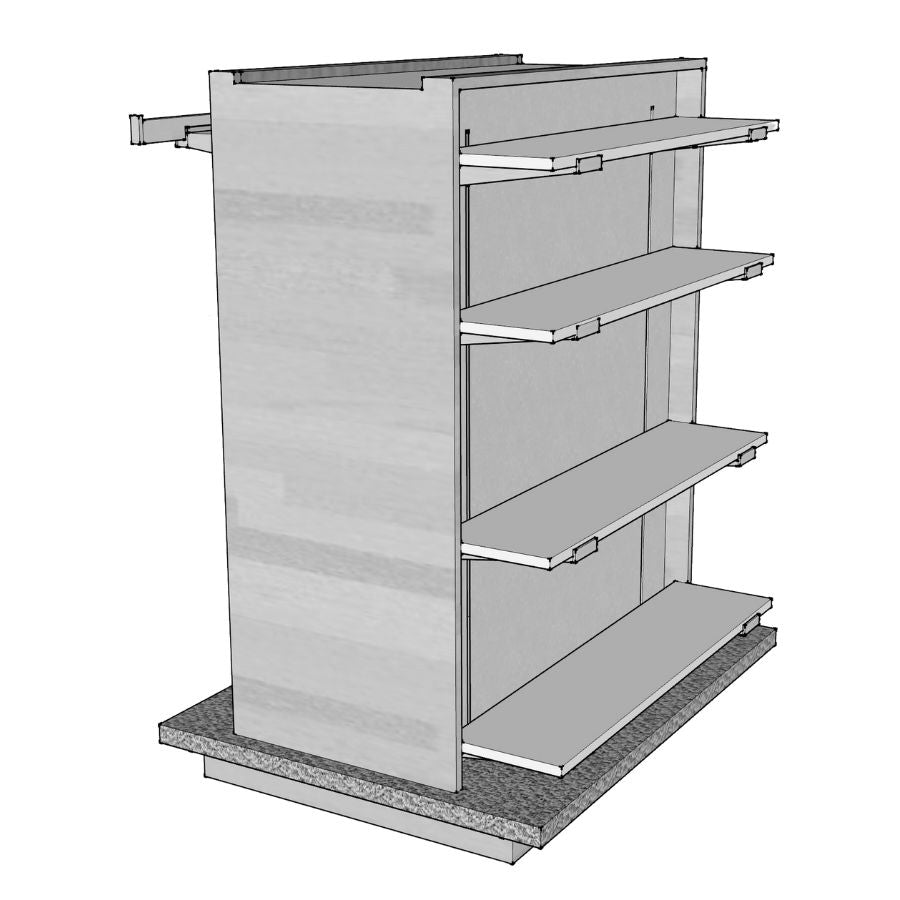 double sided gondola shelf with shelves and hangrail