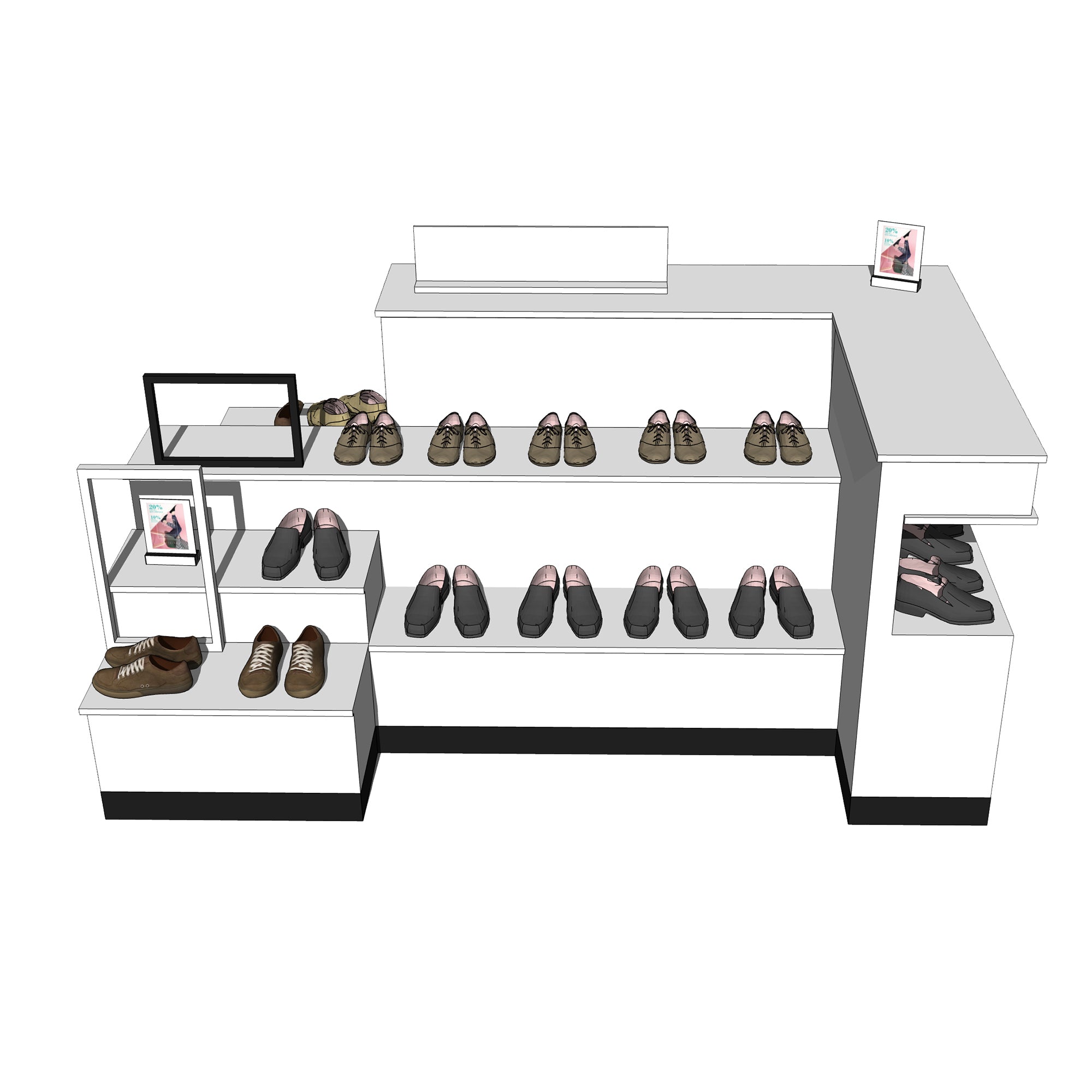 Mesa de exhibición de zapatos de madera personalizable para accesorios de zapatería