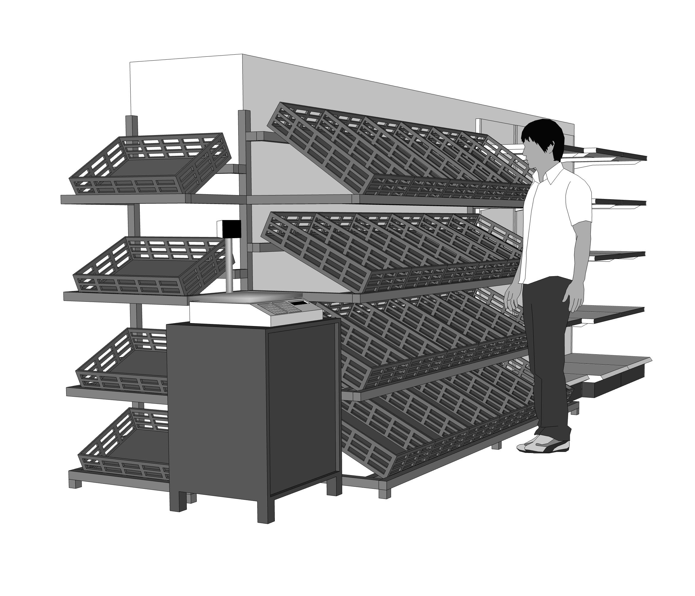 supermarket produce rack displays with slanted baskets